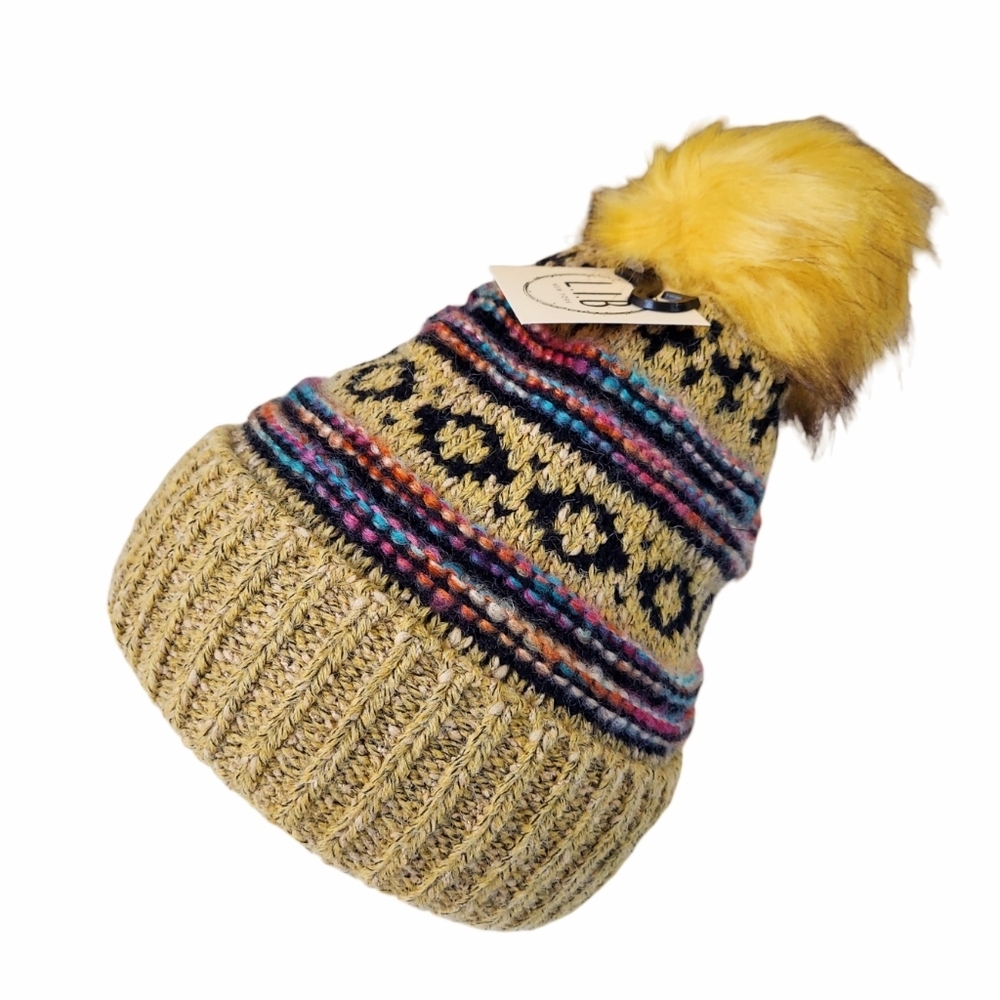 L.I.B New York Hat Beanie Mustard Yellow Womens Cable Knit Warm Faux Fur Pom New - Picture 10 of 10